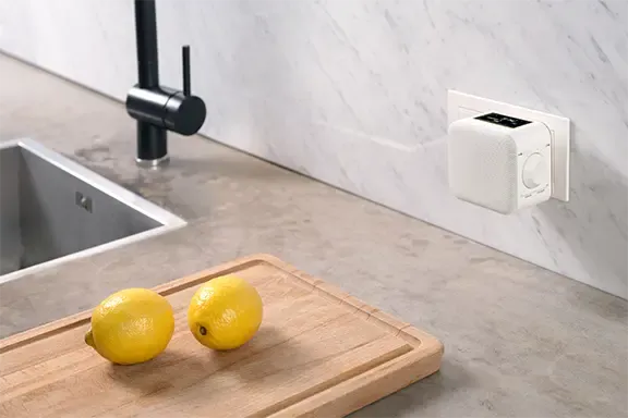 Zitronen liegen in der Küche, im Hintergrund ein Stecker in der Steckdose