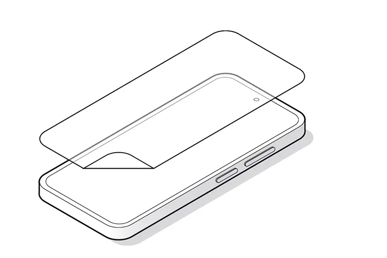 Skizze eines Smartphones mit einem Displayschutz, der passgenau über den Bildschirm gelegt wird
