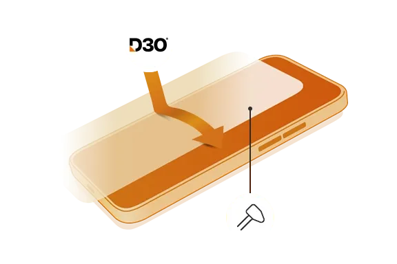 Illustration eines Handy-Schutzglases inklusive D3O-Technologie sowie stoßfester und schockabsorbierender Eigenschaft