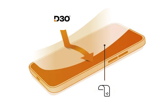 Illustration eines Handy-Schutzglases inklusive D3O-Technologie und vollständiger Displayabdeckung