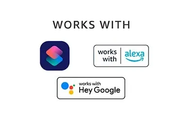 Logo: Siri, Hey Google und works with Alexa