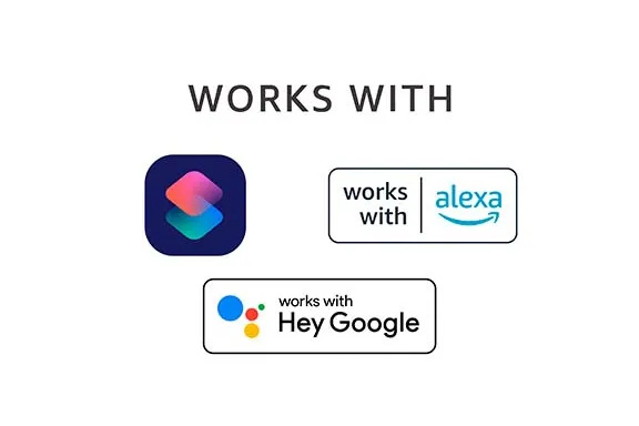 Logo: Siri, Hey Google und works with Alexa