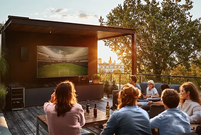 Freunde sitzen gemeinsam auf dem Balkon und schauen gemeinsam Fußball über eine Leinwand