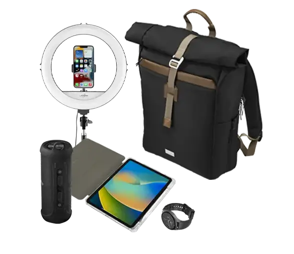 Verschiedene Geschenke und Gadgets von Hama Rucksack, Tablethülle, Smartwatch, Lautsprecher von Hama