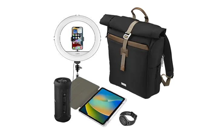 Zusammenstellung verschiedener Hama Artikel: Bluetooth-Lautsprecher, Tablet-Case, Smartwatch, Ringlicht mit Smartphone und Laptop-Rucksack