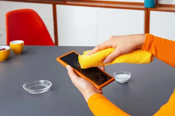 Backpulverpaste wird mit einem Tuch auf das Handy-Display aufgetragen