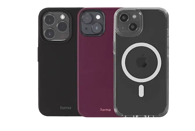 Drei iPhone-Schutzhüllen von Hama in Schwarz, Lila und Transparent mit MagSafe-Integration und Kameraschutz