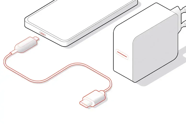 iPhone mit USB-C-auf-Lightning-Kabel und einem Power Delivery-Ladegerät mit USB-C-Anschluss. iPhone mit USB-C-auf-Lightning-Kabel und einem Power Delivery-Ladegerät mit USB-C-Anschluss.