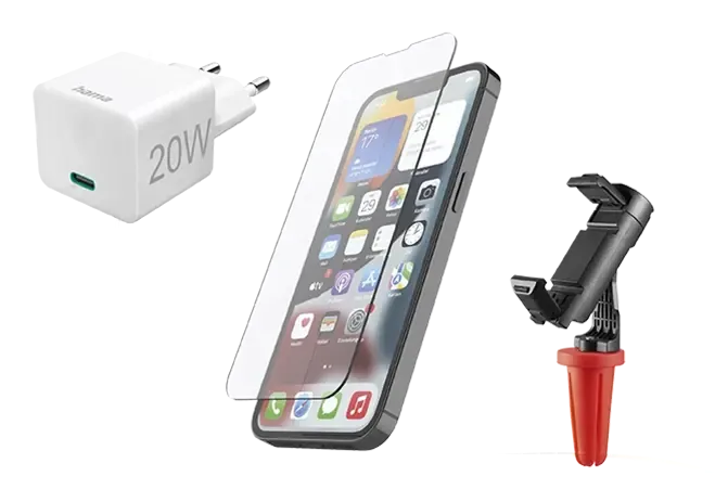 Smartphone mit Displayschutz, Handyhalterung und 20 Watt Ladegerät