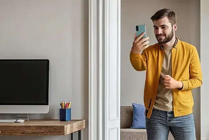 Person nimmt in der Wohnung ein Selfie auf.