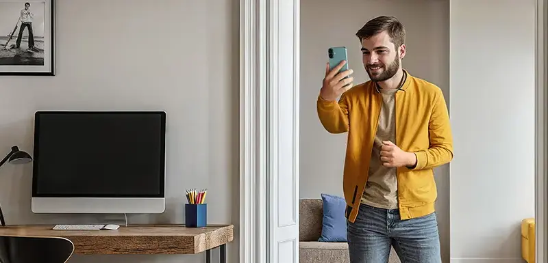 Person nimmt in der Wohnung ein Selfie auf.