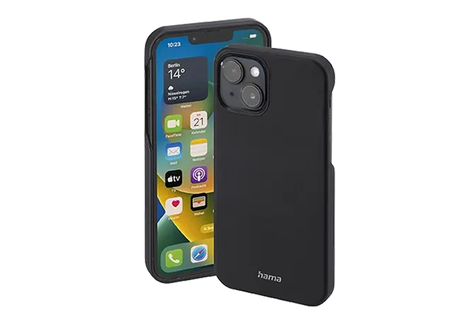 Schwarze Handyhülle von Hama ist an einem Smartphone angebracht. Dieses wird mit Vorder- und Rückseite dargestellt.