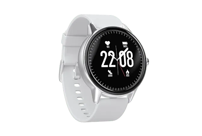 Moderne Smartwatch in Silber mit weißem Armband und digitaler Anzeige: Uhrzeit 22:08, Herzfrequenz, Schritte und Kalorienverbrauch im Blick.