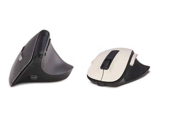 Ergonomische Maus von Hama und schwarz weiße Maus nebeneinander