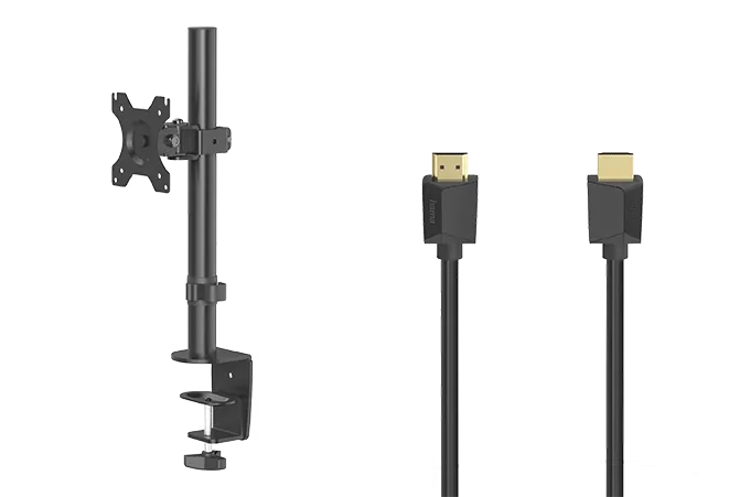 Monitor-Arm und Kabel von Hama mit verschiedenen Anschlüssen