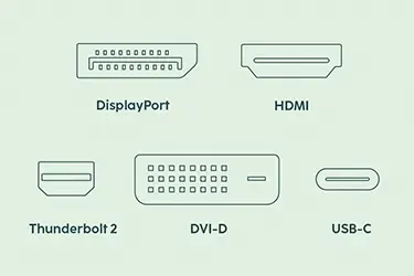 Skizze aller Monitor-Anschlüsse: DisplayPort, HDMI, Thunderbolt 2, DVI-D, USB-C