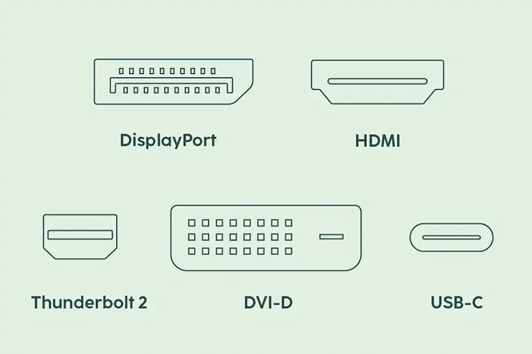 Skizze aller Monitor-Anschlüsse: DisplayPort, HDMI, Thunderbolt 2, DVI-D, USB-C