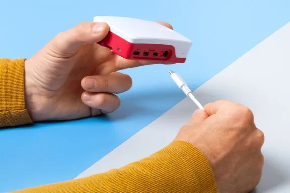 Person hält Gerät und Kabel in der Hand